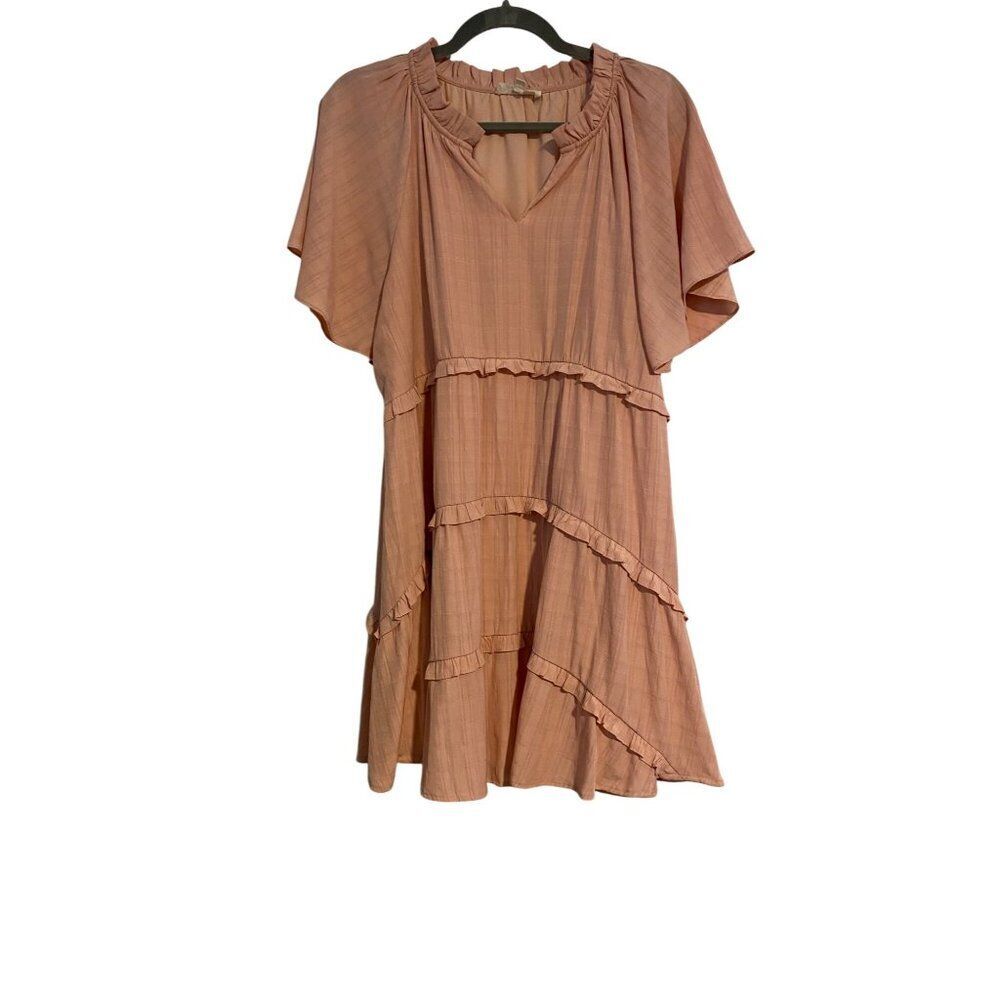Entro Women’s L Dress Blush Pink Ruffled Tiered Flutter Sleeve Lined Dress Artsy